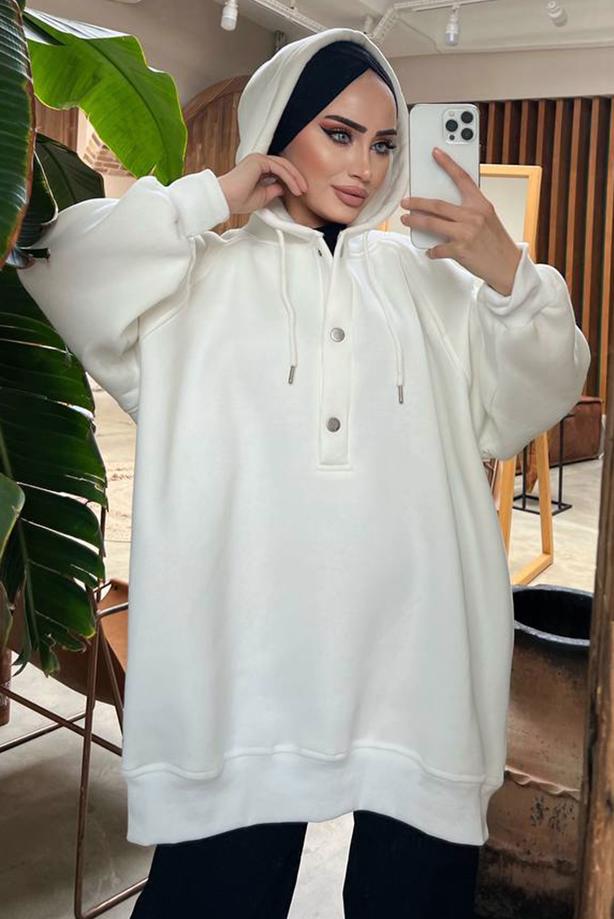 Vêtements hijab CRÈME TUNIQUE À CAPUCHE À BOUTONS-PRESSION 9597 - TRENDTESETTÜR
