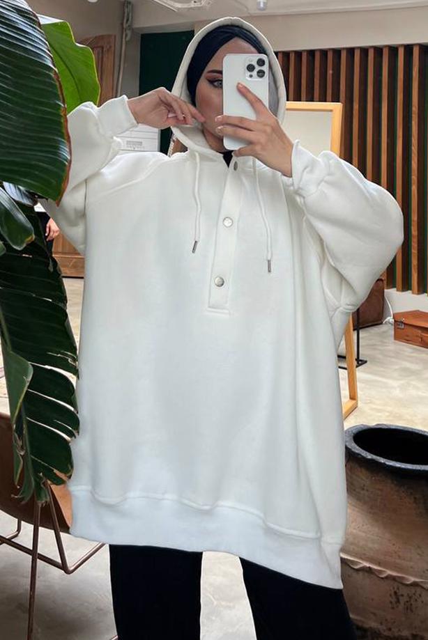 Vêtements hijab CRÈME TUNIQUE À CAPUCHE À BOUTONS-PRESSION 9597 - TRENDTESETTÜR