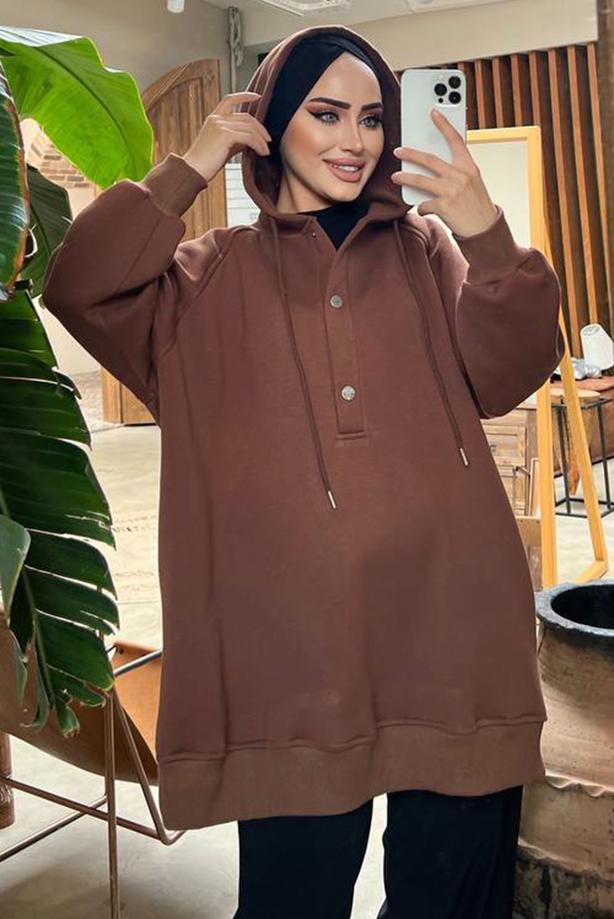 Vêtements hijab BRUN TUNIQUE À CAPUCHE À BOUTONS-PRESSION 9597 - TRENDTESETTÜR