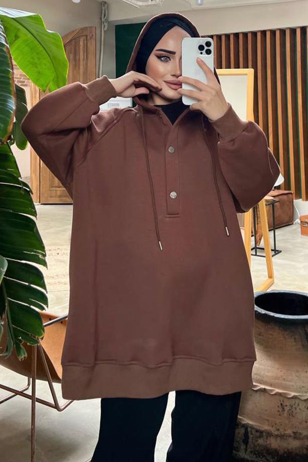 Vêtements hijab BRUN TUNIQUE À CAPUCHE À BOUTONS-PRESSION 9597 - TRENDTESETTÜR