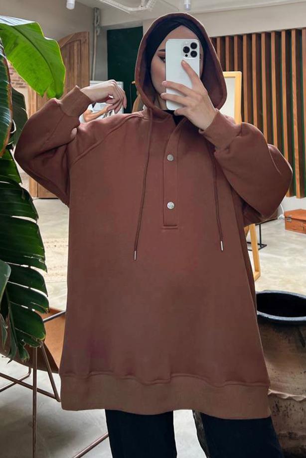 Vêtements hijab BRUN TUNIQUE À CAPUCHE À BOUTONS-PRESSION 9597 - TRENDTESETTÜR
