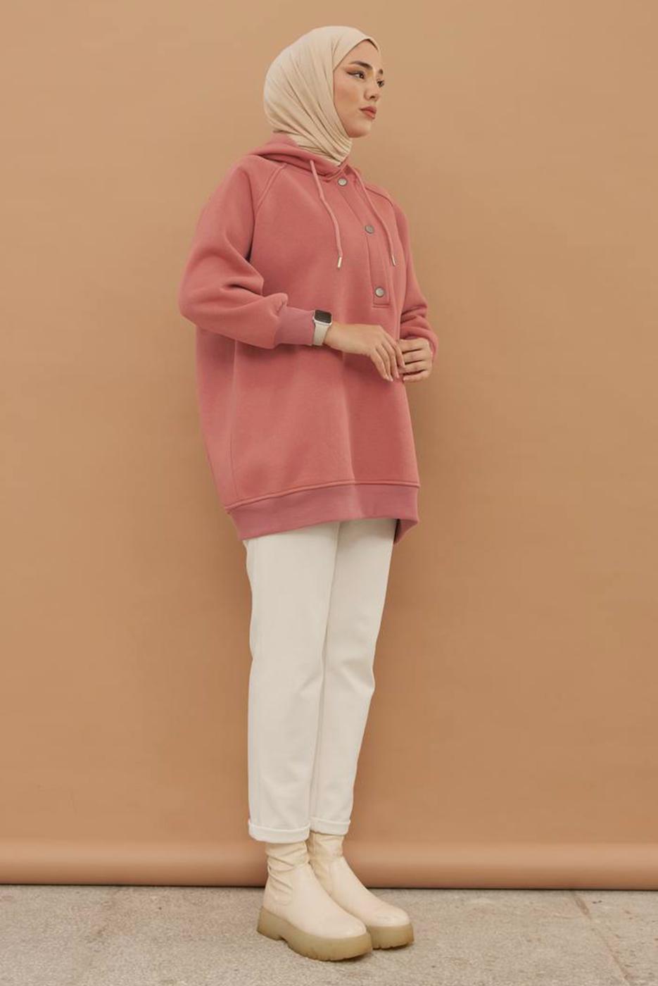 Tesettür giyim PUDRA KAPÜŞONLU ÇITÇITLI TUNİK 9597	