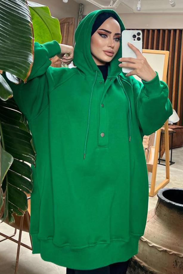 Vêtements hijab VERT TUNIQUE À CAPUCHE À BOUTONS-PRESSION 9597 - TRENDTESETTÜR