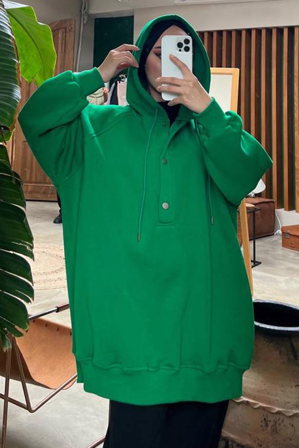 Vêtements hijab VERT TUNIQUE À CAPUCHE À BOUTONS-PRESSION 9597 - TRENDTESETTÜR