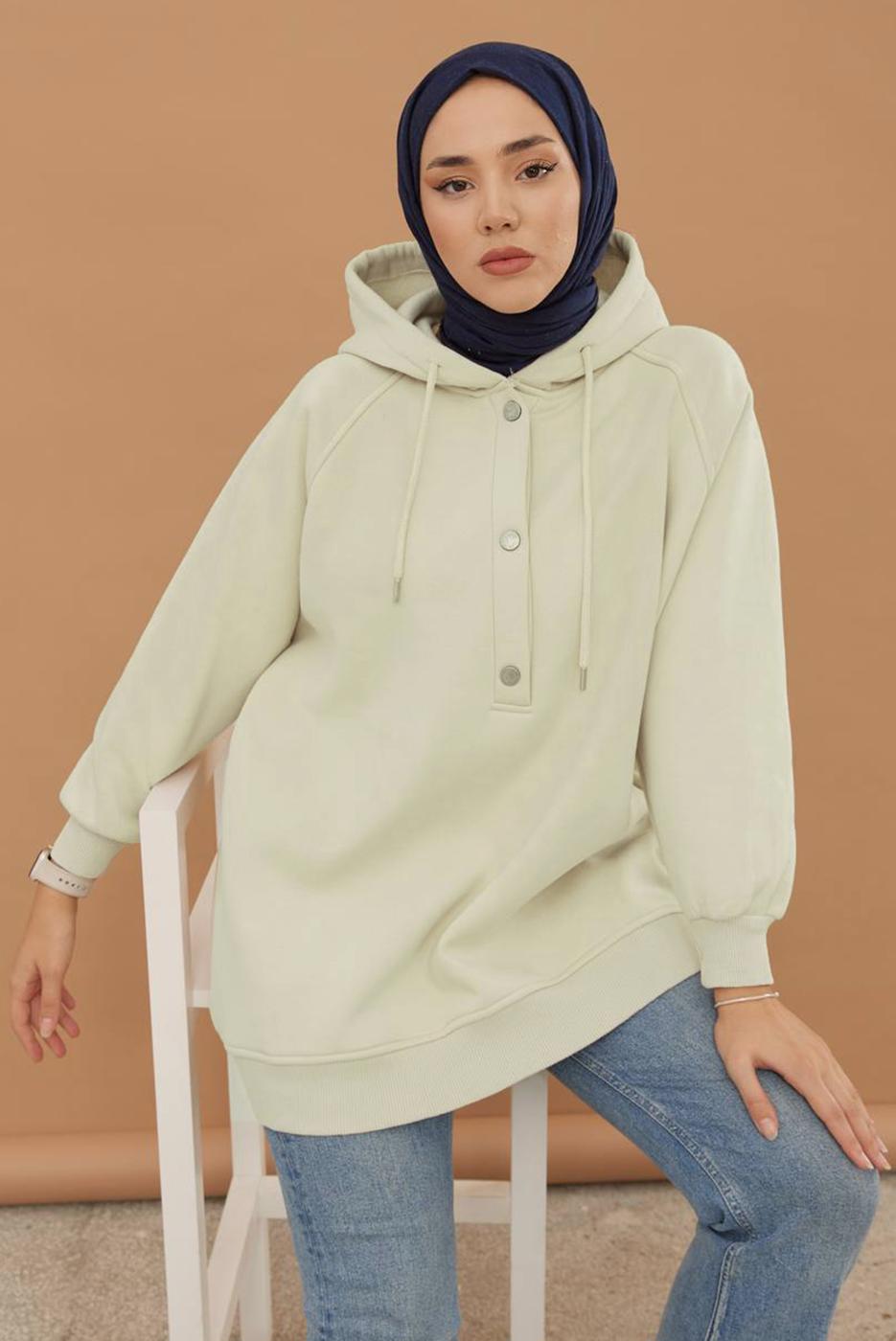Tesettür giyim BEJ KAPÜŞONLU ÇITÇITLI TUNİK 9597	