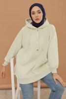 Tesettür giyim BEJ KAPÜŞONLU ÇITÇITLI TUNİK 9597	