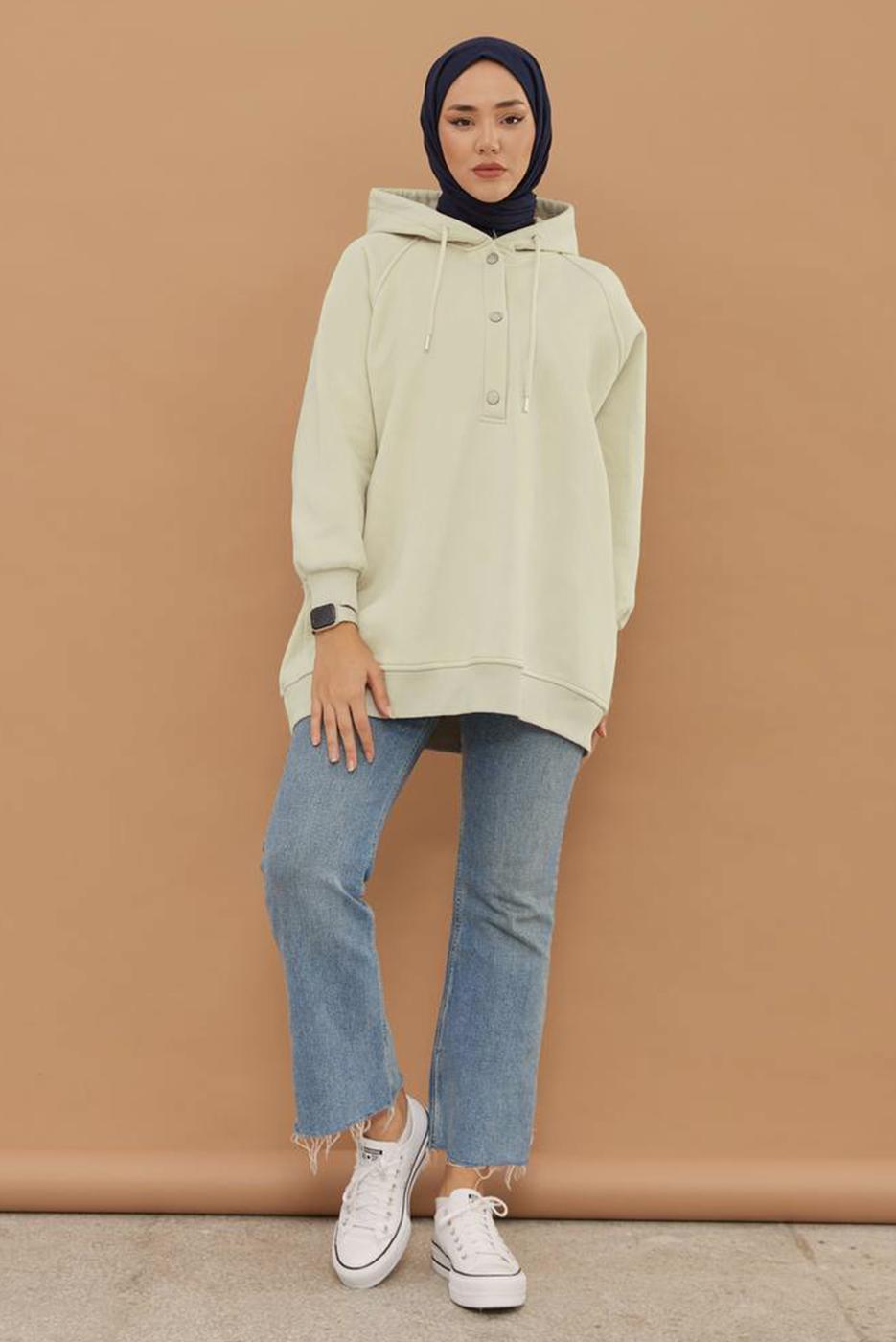 Tesettür giyim BEJ KAPÜŞONLU ÇITÇITLI TUNİK 9597	