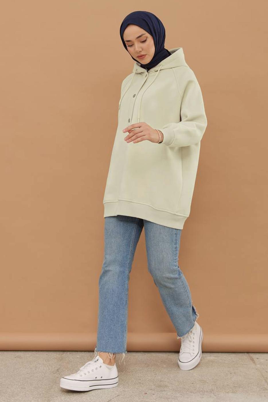 Tesettür giyim BEJ KAPÜŞONLU ÇITÇITLI TUNİK 9597	