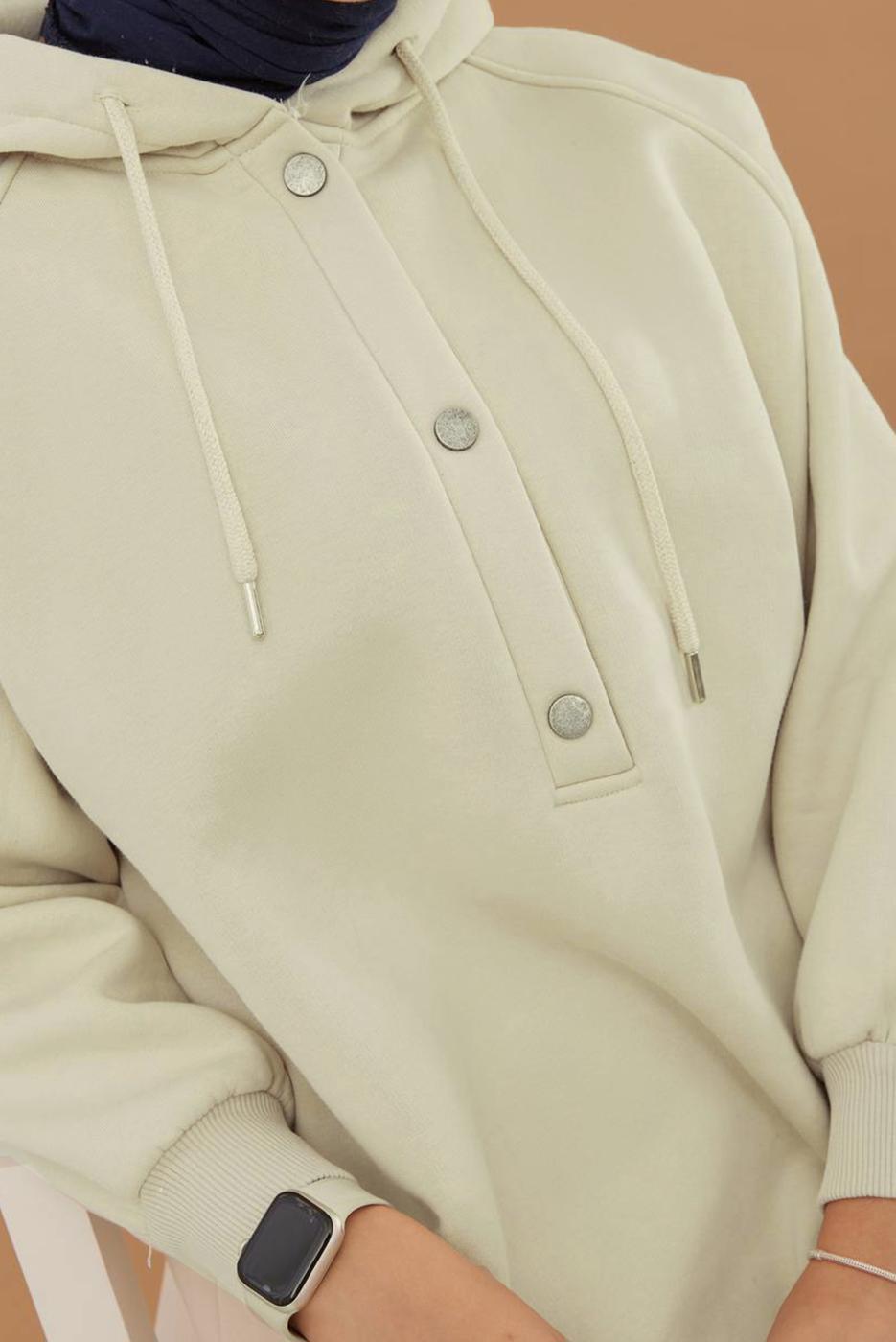 Tesettür giyim BEJ KAPÜŞONLU ÇITÇITLI TUNİK 9597	