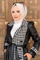 Vêtements hijab NOIR MANTEAU EN CUIR DÉTAIL PIED-DE-POULE 0357