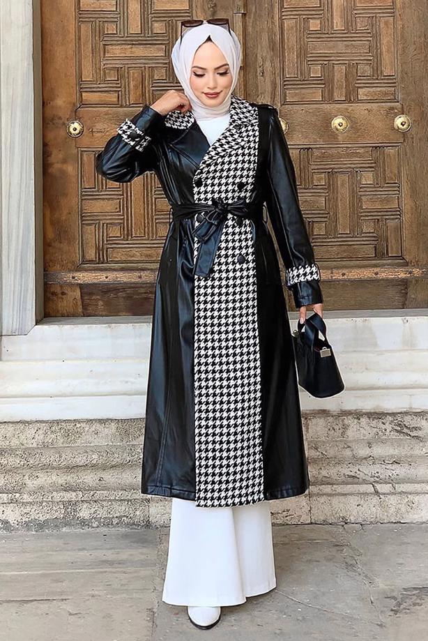 Vêtements hijab NOIR MANTEAU EN CUIR DÉTAIL PIED-DE-POULE 0357 - TRENDTESETTÜR