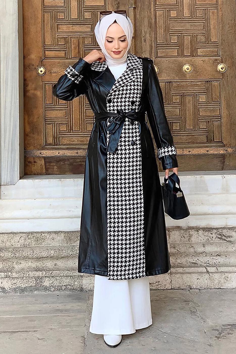 Vêtements hijab NOIR MANTEAU EN CUIR DÉTAIL PIED-DE-POULE 0357