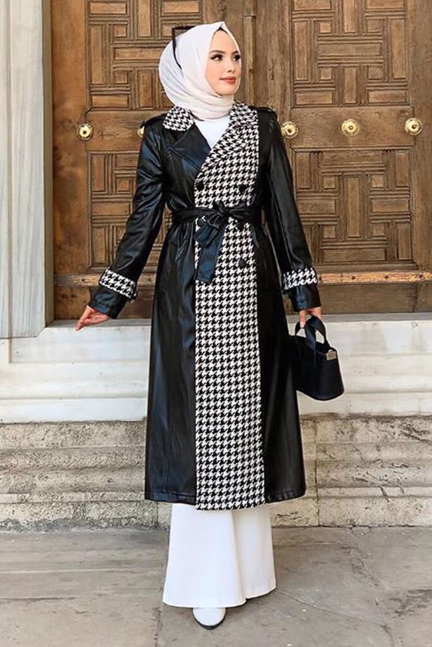 Vêtements hijab NOIR MANTEAU EN CUIR DÉTAIL PIED-DE-POULE 0357 - TRENDTESETTÜR