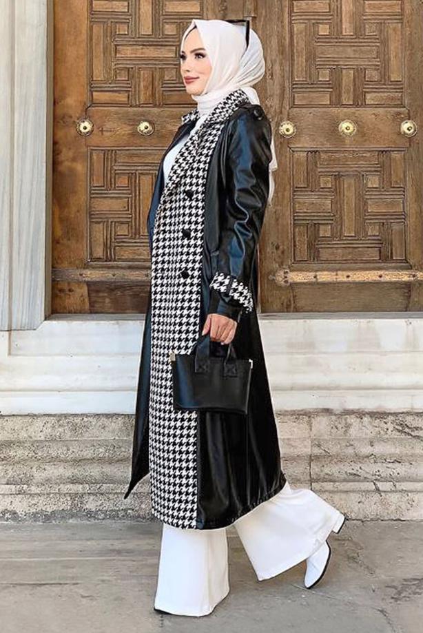 Vêtements hijab NOIR MANTEAU EN CUIR DÉTAIL PIED-DE-POULE 0357 - TRENDTESETTÜR