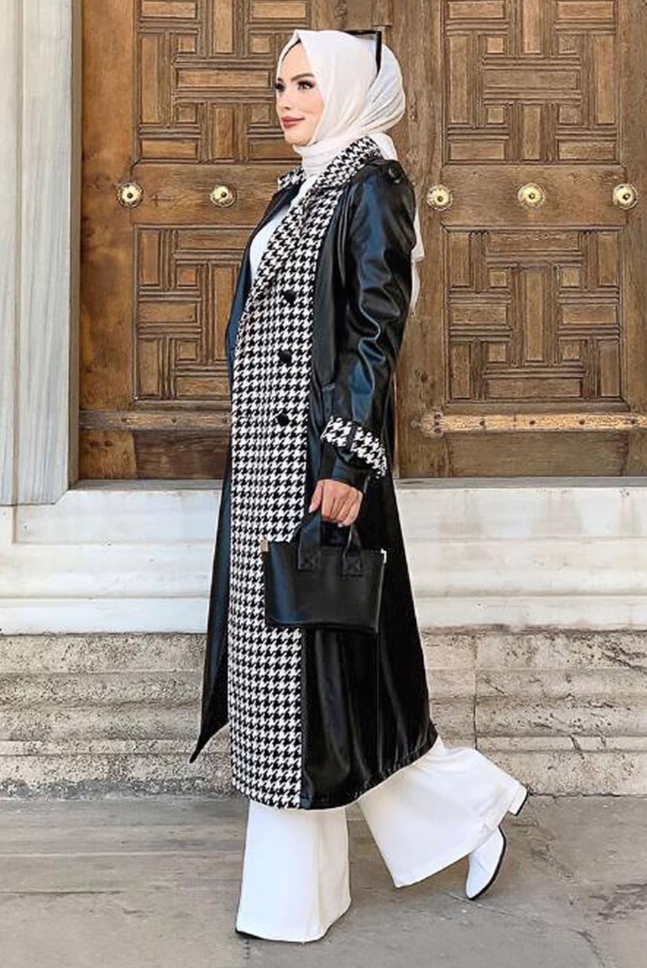 Vêtements hijab NOIR MANTEAU EN CUIR DÉTAIL PIED-DE-POULE 0357