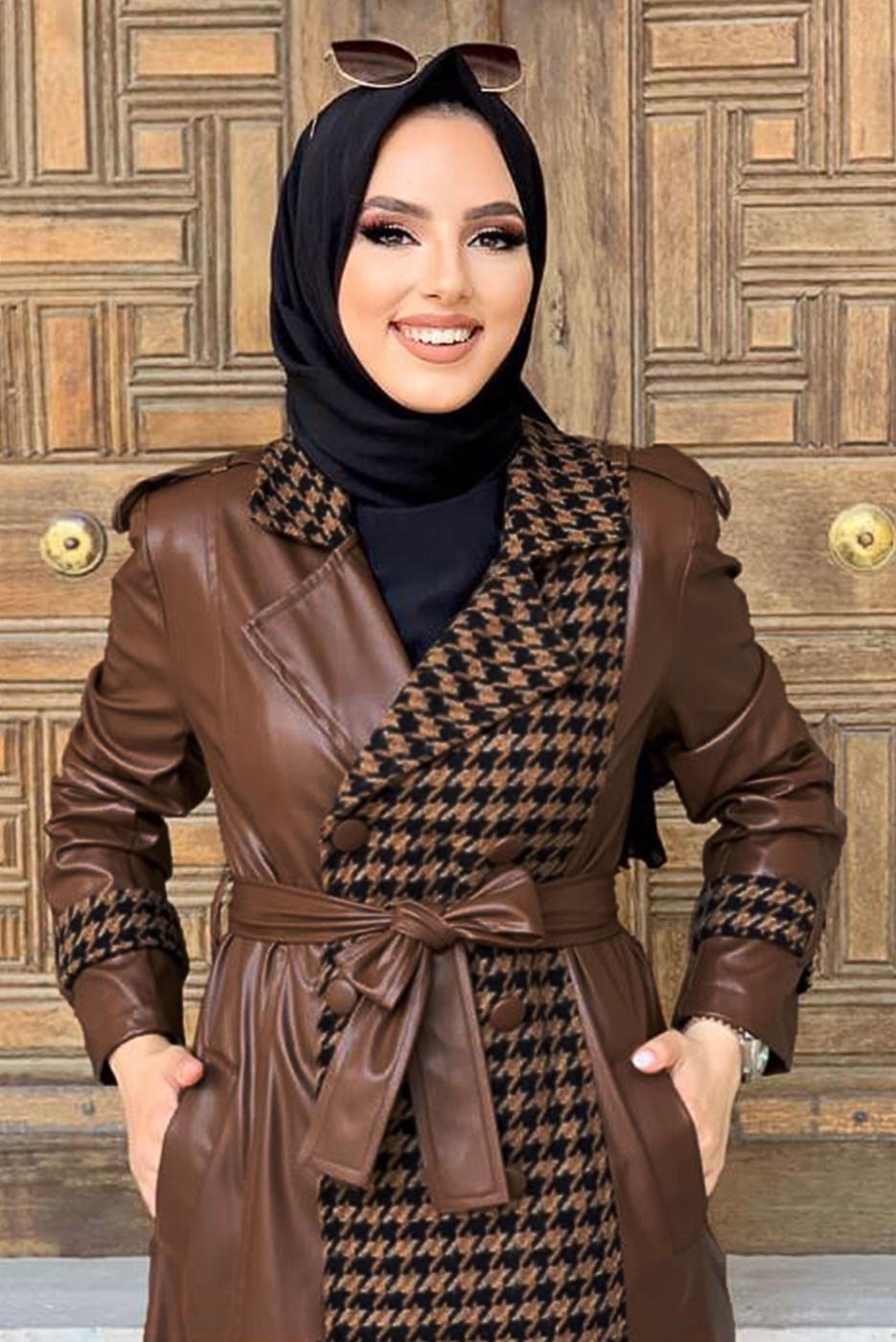 Hijab clothing TABA HOUNDSTOOTH DETAIL LEATHER COAT 0357 