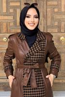 Hijab clothing TABA HOUNDSTOOTH DETAIL LEATHER COAT 0357 