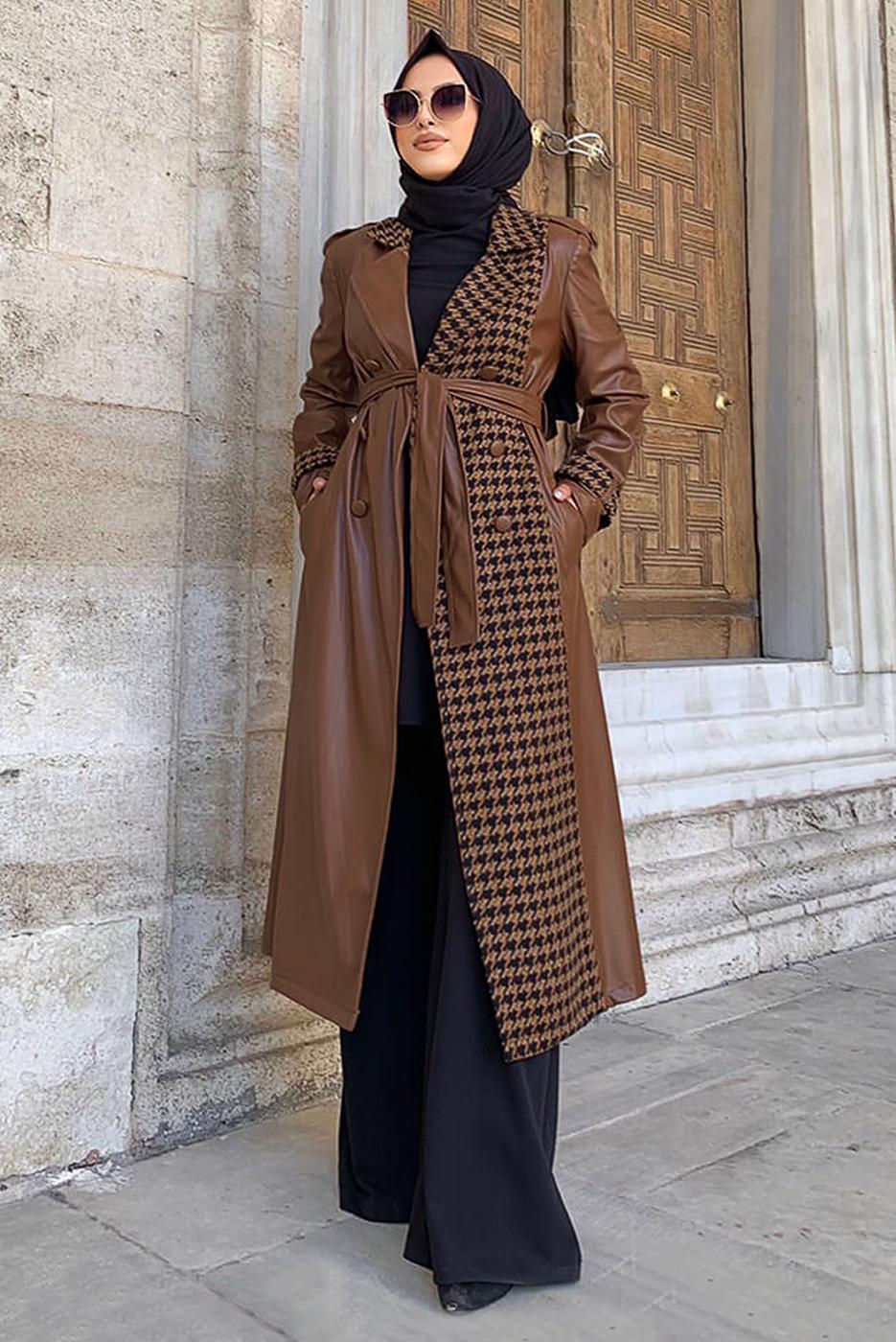 Hijab clothing TABA HOUNDSTOOTH DETAIL LEATHER COAT 0357 