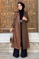 Hijab clothing TABA HOUNDSTOOTH DETAIL LEATHER COAT 0357 