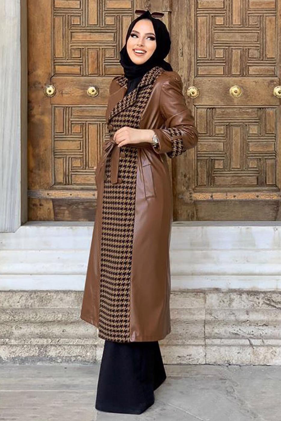 Hijab clothing TABA HOUNDSTOOTH DETAIL LEATHER COAT 0357 