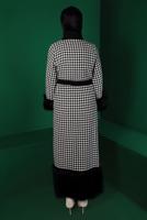 Tesettür giyim SİYAH KAZAYAĞI DESENLİ MANŞETLERİ TÜYLÜ KAP 1547 