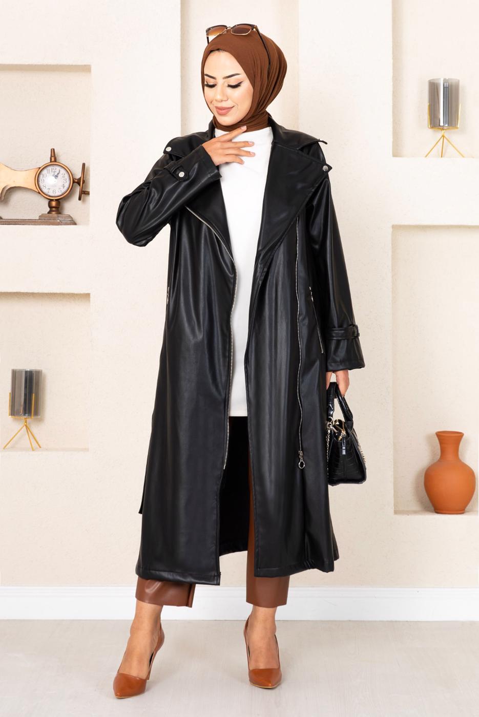 Tesettür giyim SİYAH FERMUARLI KUŞAKLI DERİ KAP 18002 