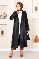 Tesettür giyim SİYAH FERMUARLI KUŞAKLI DERİ KAP 18002 