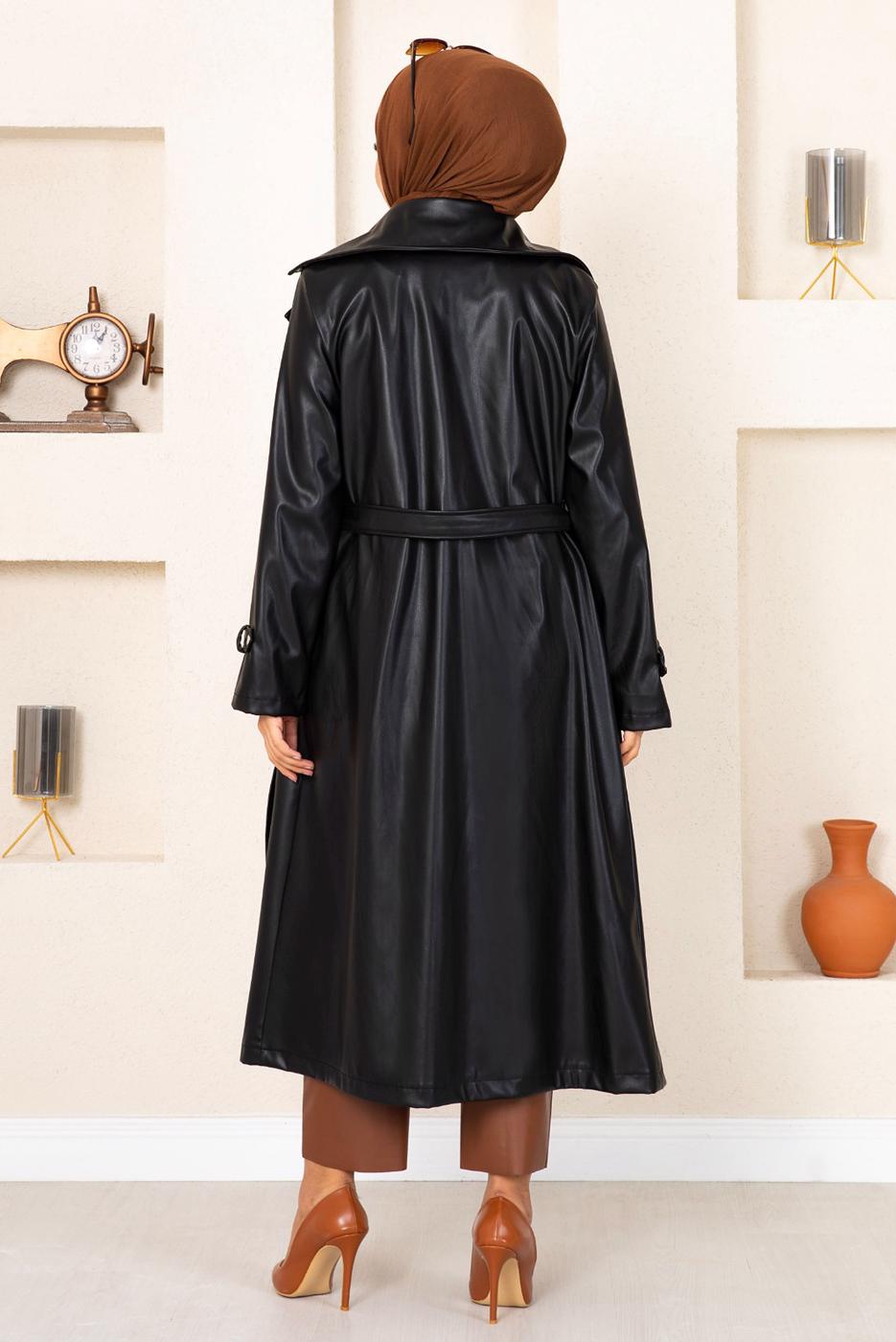 Tesettür giyim SİYAH FERMUARLI KUŞAKLI DERİ KAP 18002 