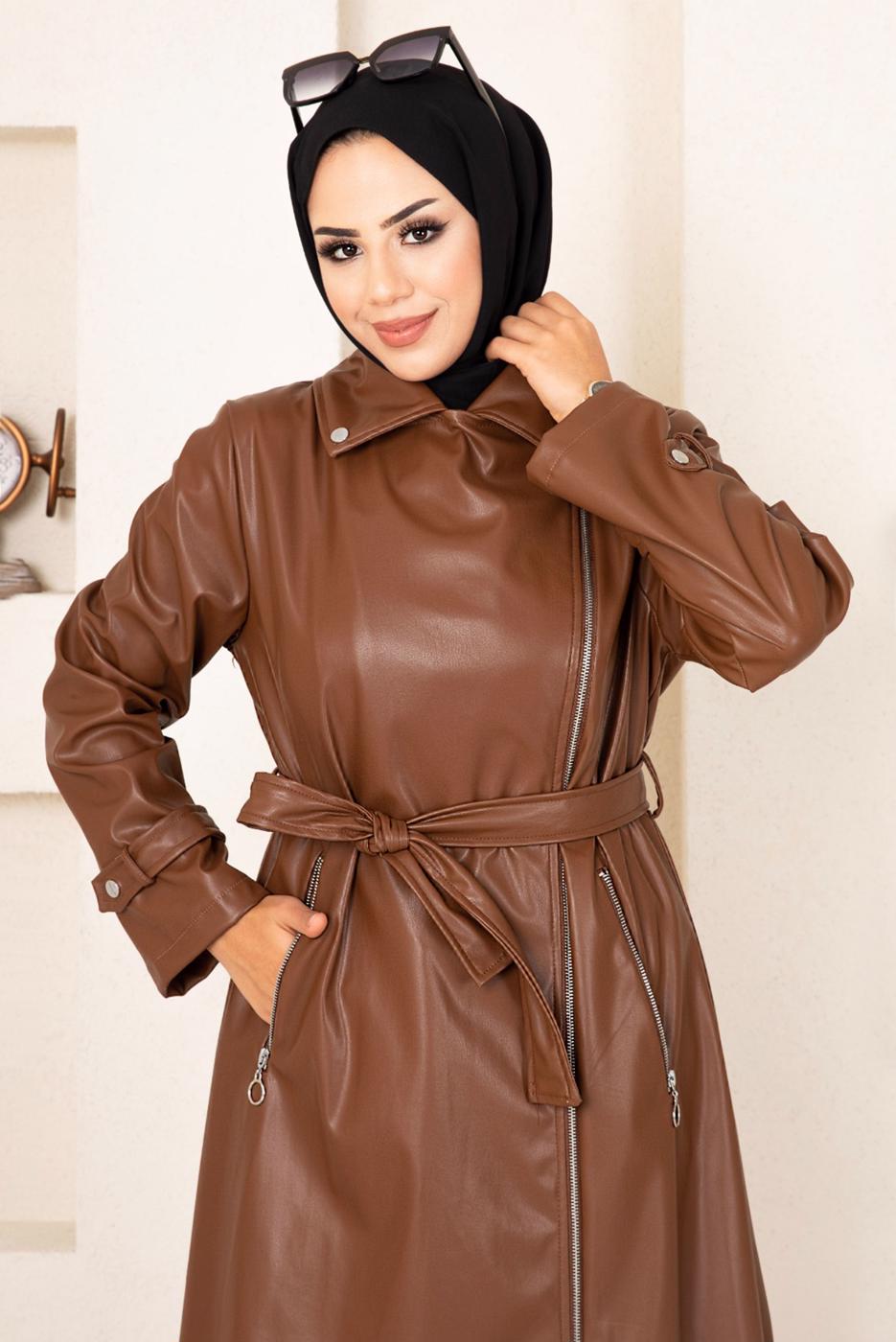 Tesettür giyim TABA FERMUARLI KUŞAKLI DERİ KAP 18002 