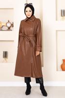 Tesettür giyim TABA FERMUARLI KUŞAKLI DERİ KAP 18002 