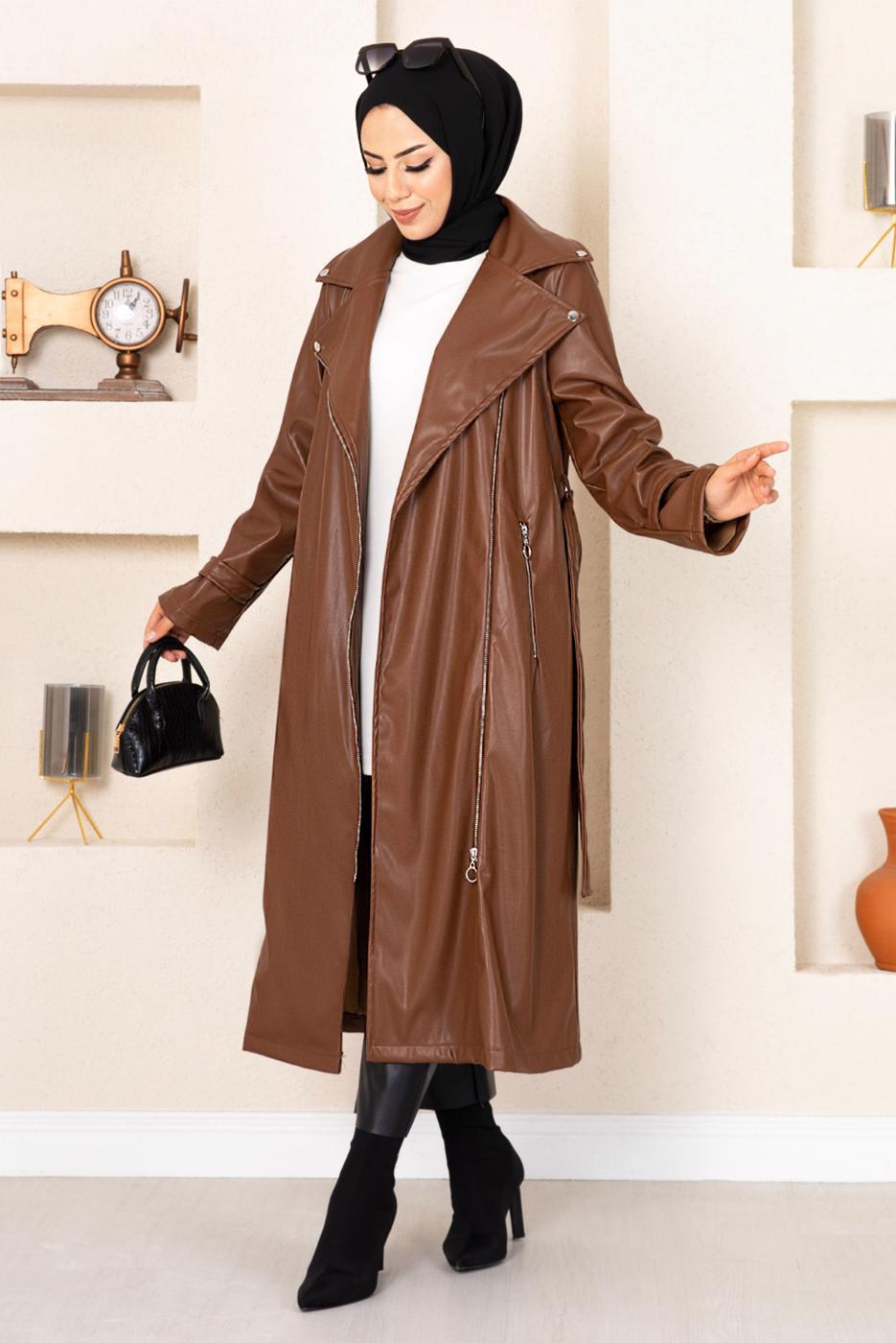 Tesettür giyim TABA FERMUARLI KUŞAKLI DERİ KAP 18002 