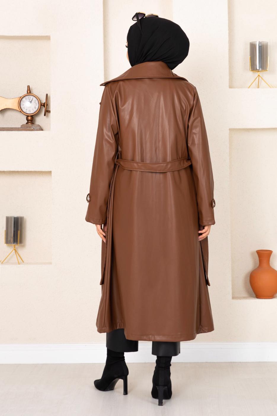 Tesettür giyim TABA FERMUARLI KUŞAKLI DERİ KAP 18002 