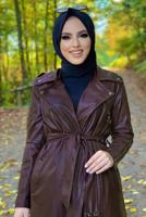 Tesettür giyim KAHVE FERMUARLI KUŞAKLI DERİ KAP 3337	