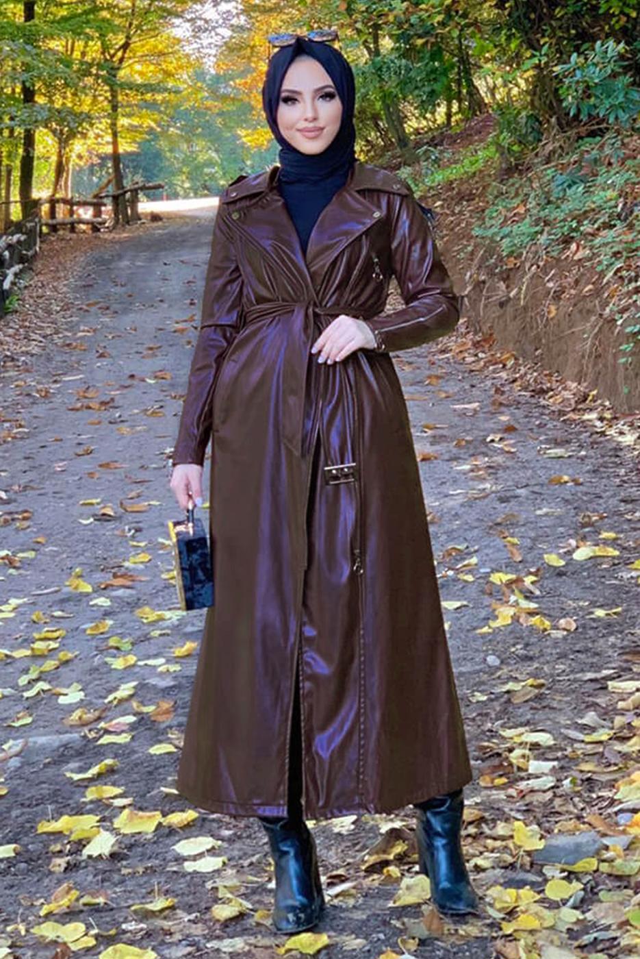 Tesettür giyim KAHVE FERMUARLI KUŞAKLI DERİ KAP 3337	