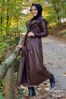 Tesettür giyim KAHVE FERMUARLI KUŞAKLI DERİ KAP 3337	