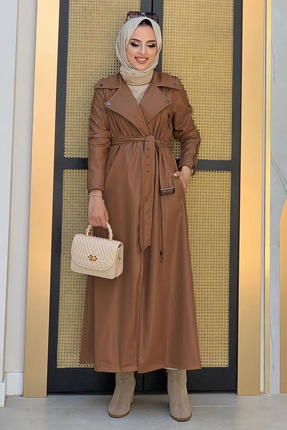 Tesettür giyim TABA FERMUARLI KUŞAKLI DERİ KAP 3337	