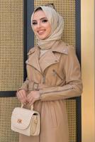 Tesettür giyim VİZON FERMUARLI KUŞAKLI DERİ KAP 3337	