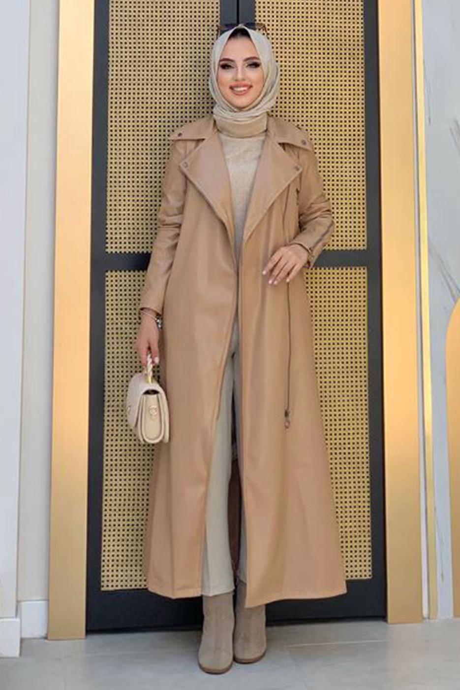 Tesettür giyim VİZON FERMUARLI KUŞAKLI DERİ KAP 3337	