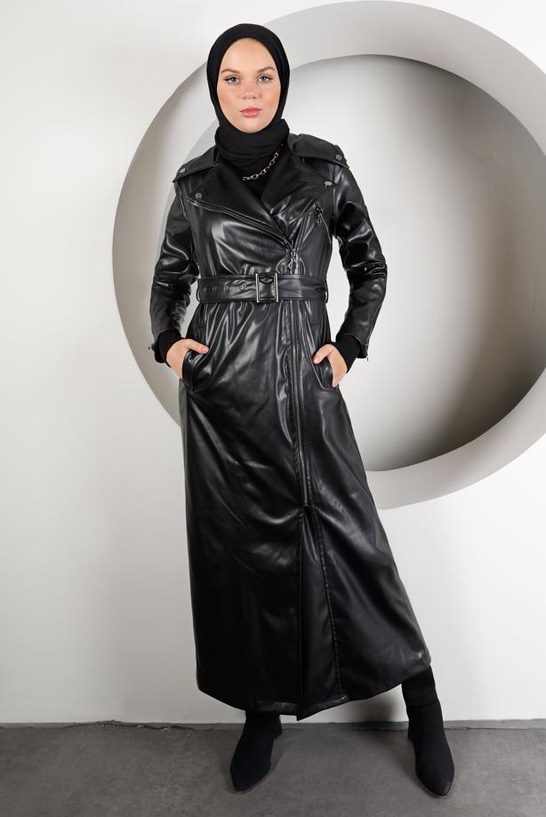 Vêtements hijab NOIR TRENCH CUIR ZIPPÉ AVEC CEINTURE 3337-1 - TRENDTESETTÜR