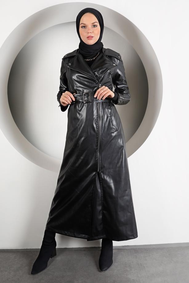 Vêtements hijab NOIR TRENCH CUIR ZIPPÉ AVEC CEINTURE 3337-1 - TRENDTESETTÜR