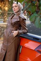 Tesettür giyim TABA KEMERLİ FERMUARLI DERİ KAP 3337-1 