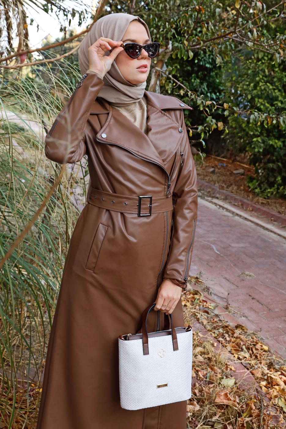 Tesettür giyim TABA KEMERLİ FERMUARLI DERİ KAP 3337-1 