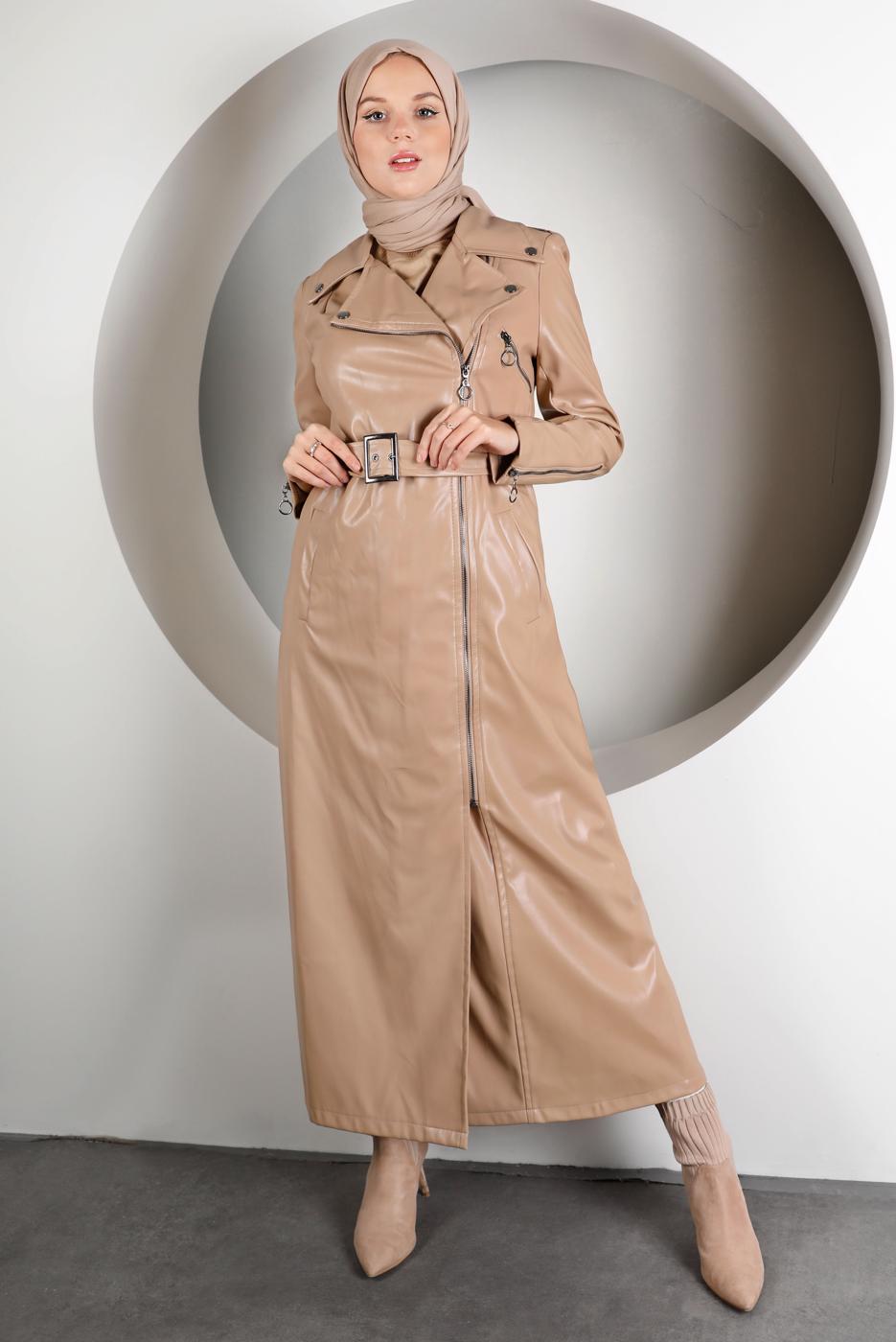 Tesettür giyim VİZON KEMERLİ FERMUARLI DERİ KAP 3337-1 