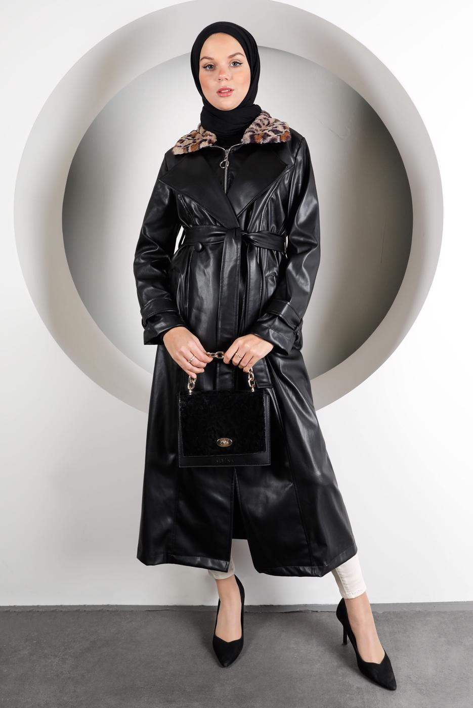 Vêtements hijab NOIR TRENCH-COAT EN FAUX CUIR AVEC FOURRURE MOTIF LÉOPARD 49222