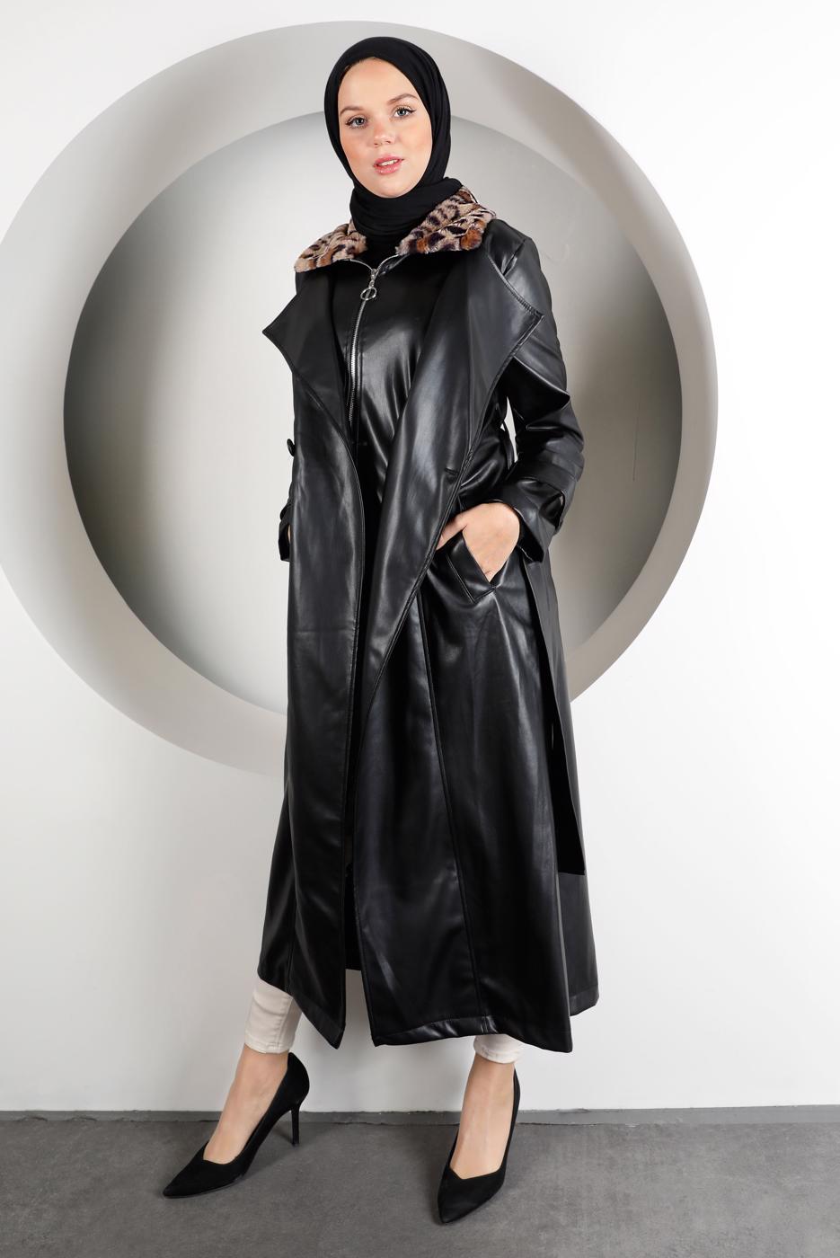 Vêtements hijab NOIR TRENCH-COAT EN FAUX CUIR AVEC FOURRURE MOTIF LÉOPARD 49222