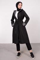 Tesettür giyim SİYAH ÇİZGİLİ BÜZGÜLÜ TRENÇKOT 5002 