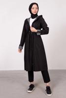 Tesettür giyim SİYAH ÇİZGİLİ BÜZGÜLÜ TRENÇKOT 5002 