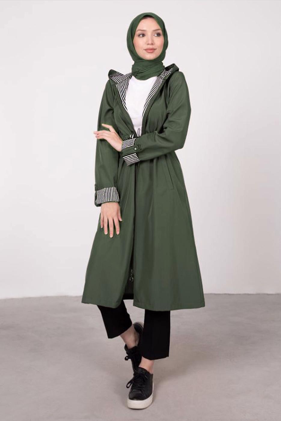 Tesettür giyim HAKİ ÇİZGİLİ BÜZGÜLÜ TRENÇKOT 5002 