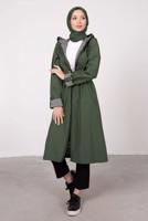 Tesettür giyim HAKİ ÇİZGİLİ BÜZGÜLÜ TRENÇKOT 5002 