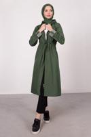 Tesettür giyim HAKİ ÇİZGİLİ BÜZGÜLÜ TRENÇKOT 5002 